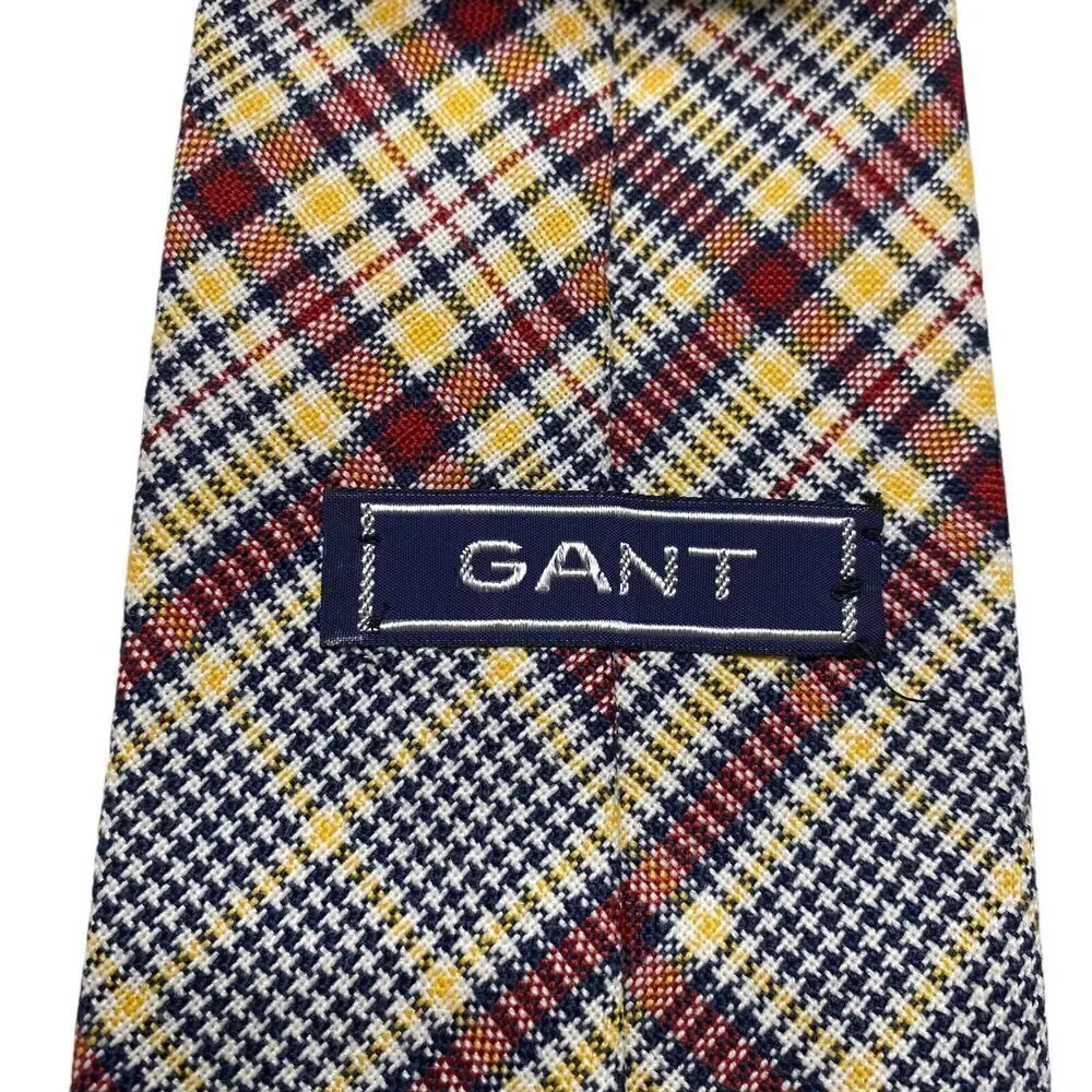 Vintage Gant Men's Tie Necktie Wide Wool Blend Plaid Red Blue Yellow 70's